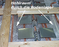 durch die Holz-Bodenlager geschaffener Hohlraum zur Aufnahme der Heizrohre mit den aufgesteckten Aluminium-W�rmeverteilern
